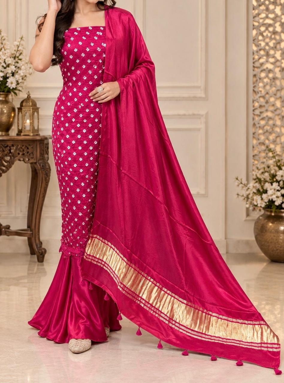 Modal Silk Bandhani & Plain Dye 3-Piece Suit Set with Zari Pallu PBS-007